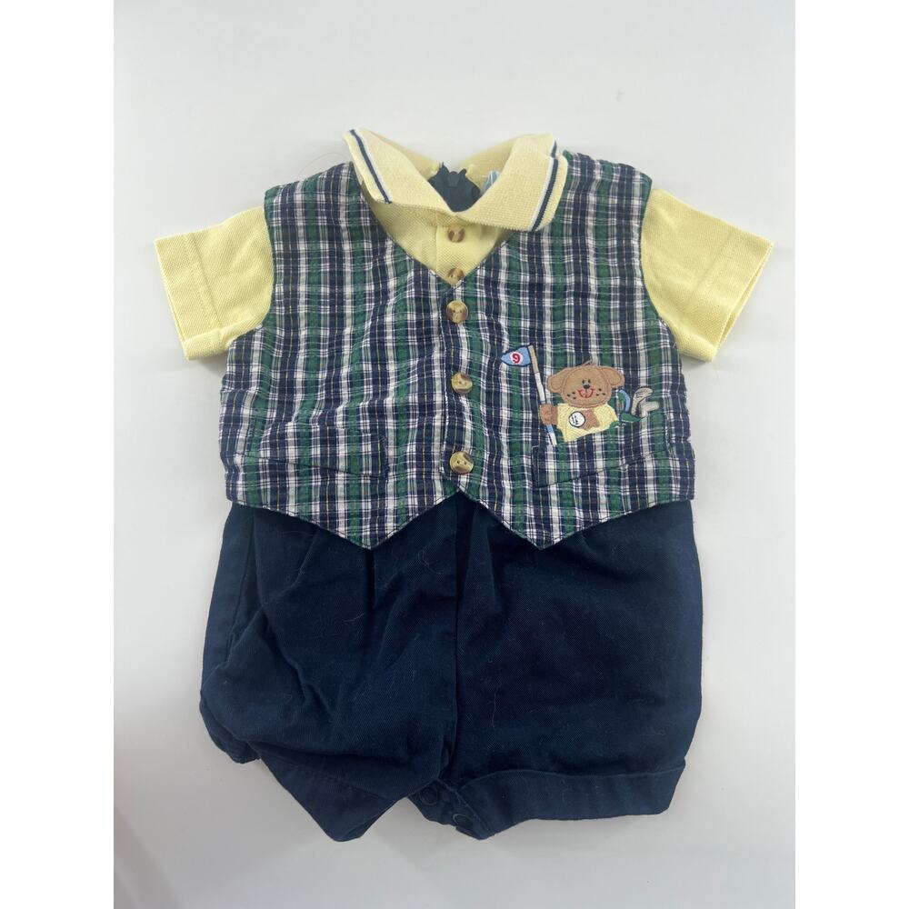 Vintage Baby Togs Outfit Boys 6-9 Months Bear Plaid Romper Kids Church Easter
